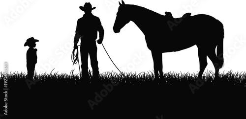 Flat vector illustration, cowboy child silhouette, adult with horse, western rural scene, rope control concept, black graphic artwork, isolated design, tradition