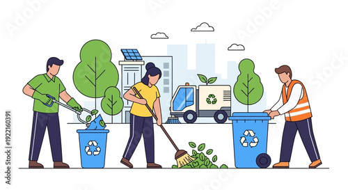 People cleaning up environment with recycling truck.