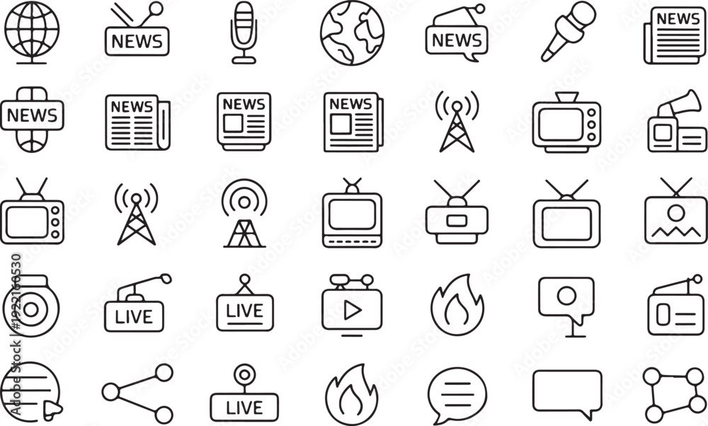 Fototapeta premium Professional News and Media Line Icons Set - Broadcasting, Journalism, Live Report, and Communication Vector Illustrations. 