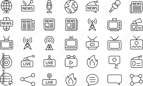 Professional News and Media Line Icons Set - Broadcasting, Journalism, Live Report, and Communication Vector Illustrations.

