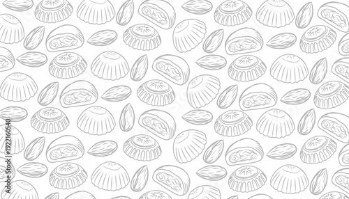 Maamoul Seamless Pattern. Traditional Middle Eastern Cookie Illustration. Maamoul Hand Drawn Outline Vector Style. Decorative Ramadan Eid Design. Packaging Textile Background Use.