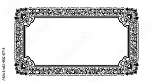 An ornate rectangular frame with intricate floral and scrollwork designs presented in black and white high quality professional