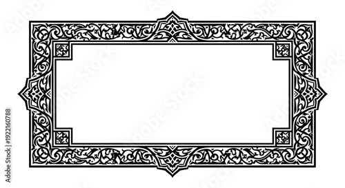 An ornate black and white rectangular frame with intricate floral and scrolling designs surrounds a blank white space high quality