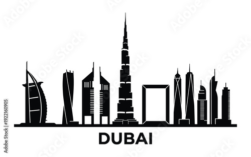 Dubai skyline silhouette in black and white