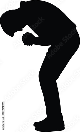 Flat vector illustration, praying person silhouette, contemplative human figure, bowed posture concept, spiritual design, black graphic artwork, isolated minimal style, reflection