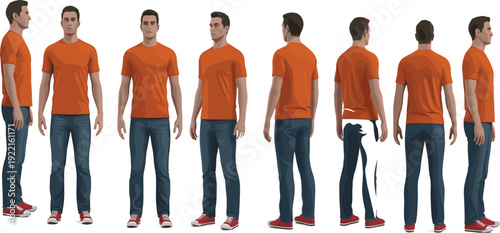 Male character turnaround reference sheet, man in orange t shirt and jeans multiple views isolated on white background