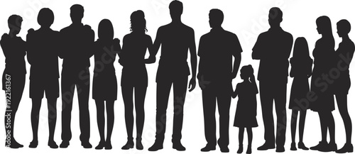 Group of people silhouettes standing together, diverse men women and child community unity concept, black shadow flat vector illustration