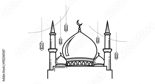 A detailed black and white line drawing depicts an islamic mosque with minarets and a crescent moon
