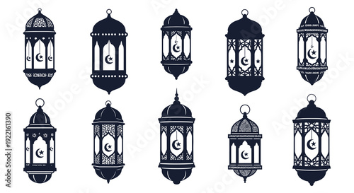 A collection of intricately designed black and white islamic lanterns showcasing detailed geometric patterns and arabesque motifs