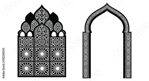 An intricate black and white illustration depicts two ornate islamic architectural window designs against a white background high quality professional