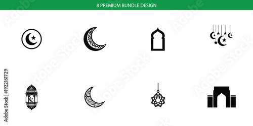 Minimal Islamic Ramadan and Eid Silhouette Icon Set on White Background