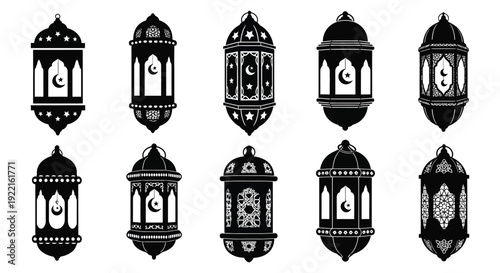 A collection of ornate black and white vector illustrations depicting traditional middle eastern and islamic lanterns high quality