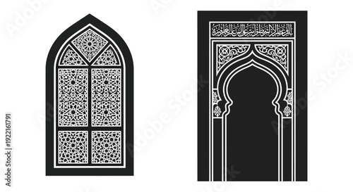 Two ornate gothic and islamic style window frames are displayed against a stark white background high quality professional