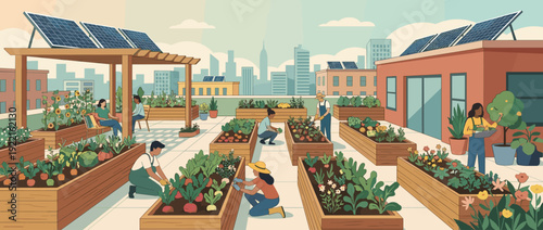 Sustainable urban rooftop garden with diverse people planting vegetables in raised beds, solar panels for green energy, and a city skyline background in a clean, modern flat vector illustration.