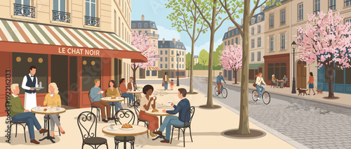 Flat vector illustration of a charming European sidewalk cafe on a sunny spring morning with people enjoying coffee and croissants outdoors on a cobblestone street with cherry blossom trees.