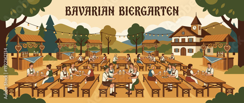 Flat vector illustration of a traditional Bavarian beer garden with people in lederhosen and dirndls sitting at long wooden tables, drinking beer from steins and eating pretzels at Oktoberfest.