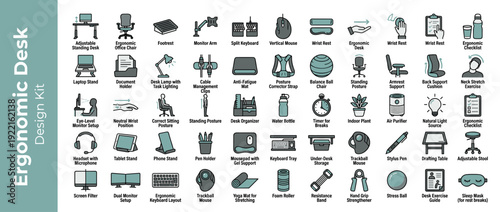 Comprehensive Vector Icon Set of 50 Ergonomic Desk Setup and Healthy Posture Items. Flat Design Icons for Office Wellness, Workspace Optimization, Standing Desks, Orthopedic Chairs, and Gear.