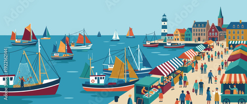 Vibrant flat vector illustration of a busy harbor filled with colorful fishing boats, a lighthouse, and a lively waterfront market featuring striped stalls and people in a charming coastal town.