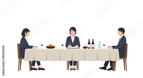 Three people in business attire seated at a long dining table.