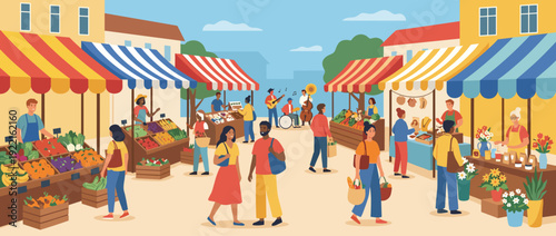 Flat Vector Illustration of a Busy Outdoor Farmers Market with Colorful Stalls Selling Fresh Produce, Fruits, Vegetables, and Flowers; Diverse People Shopping and a Live Band Playing Music.