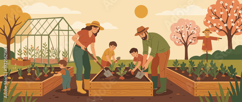 Flat vector illustration of a happy family with children planting organic vegetables in raised garden beds during spring, featuring a greenhouse, scarecrow, and blooming trees in the background.