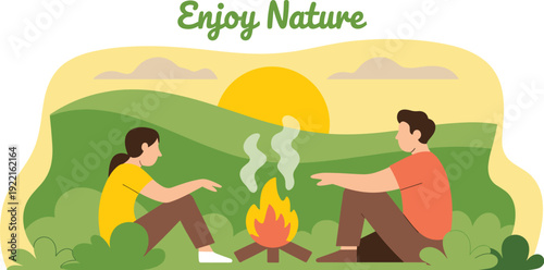 Man and Woman Sitting by a Campfire in a Hilly Landscape at Sunset, Concept of Enjoying Nature, Outdoor Recreation, Mindfulness, and Wilderness Camping Vector Illustration