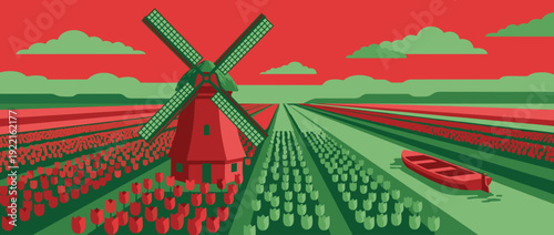 Flat Vector Illustration of a Traditional Dutch Windmill in a Vibrant Red and Green Tulip Field Landscape with a Small Rowboat in a Canal, Minimalist Netherlands Countryside Scenery Graphic Art