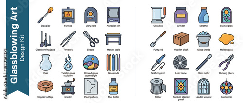 Comprehensive vector icon set featuring 28 glassblowing and stained glass art tools and products like furnace, blowpipe, kiln, glass cutter, soldering iron, pliers, vases, and suncatchers in flat