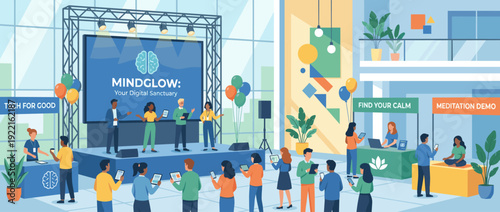 Flat vector illustration of a modern mental wellness app launch event in a bright venue. People interact with tablets at booths for meditation demos and tech for good presentations on a stage.