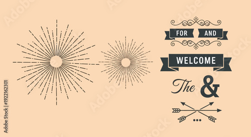 Decorative Graphic Elements with Sunbursts, Ribbons, and Arrows on Beige Background