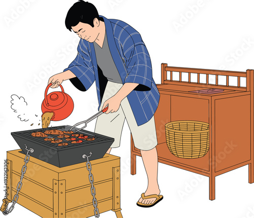 Man in Traditional Attire Grilling Food on a Charcoal Brazer with a Red Kettle, Concept of Artisanal Street Food, Traditional Culinary Grilling Mastery, and Cultural Gastronomy Vector Illustration