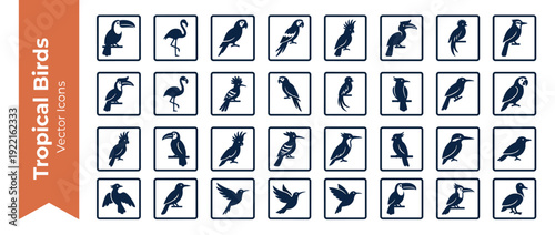 Set of 32 Tropical Bird Species Silhouettes Vector Icons in Flat Design Style Featuring Toucan Flamingo Parrot Cockatoo Hornbill Hummingbird Macaw and Exotic Jungle Birds for Infographics Web