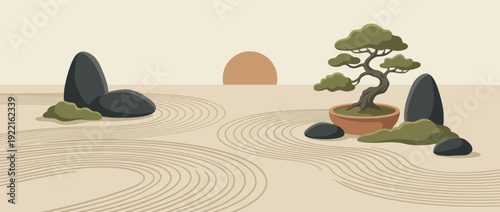 Flat vector illustration of a serene Japanese Zen garden featuring raked sand patterns, a potted bonsai tree, carefully placed stones, and a rising sun for meditation and peaceful harmony.