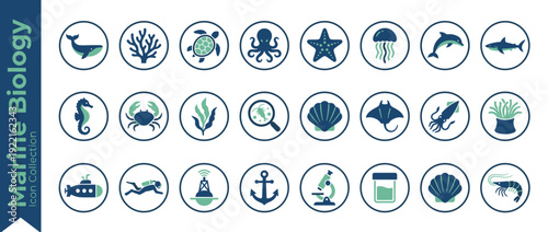Marine Biology and Ocean Life Vector Icon Set with 24 Flat Duotone Symbols of Whale, Shark, Dolphin, Turtle, Octopus, Coral, Seahorse, Crab, Shells, Submarine, Scuba Diver, and Science Tools.