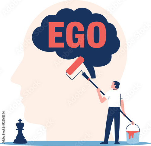 Man Painting the Word EGO on a Brain Inside a Human Head Silhouette , Concept of Psychological Identity, Ego Management, Personal Branding, and Strategic Self-Construction Vector Illustration