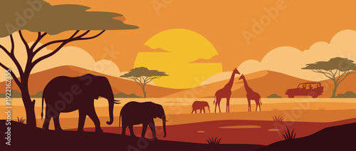 African Wildlife Safari Savanna Scene at Golden Hour Sunset with Silhouettes of Elephants, Giraffes, Acacia Trees, and a Safari Vehicle Touring the Vast Landscape, Modern Flat Vector Illustration