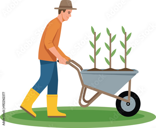 Man Pushing a Wheelbarrow with Young Saplings on a White Background, Concept of Sustainable Gardening, Horticultural Labor, Reforestation Advocacy, and Professional Landscaping Vector Illustration