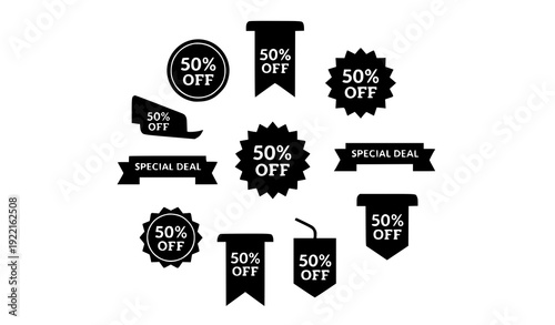 Discount Badge 50 Percent Off Promotional Sticker Icon Set Isolated on White Background