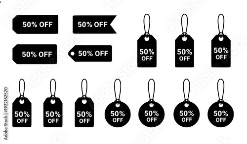 Minimal  Sale Label and 50 Percent Off Price Tag Vector Icon Collection Isolated on White Background