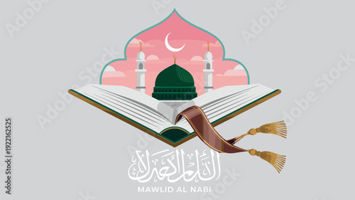 Mawlid al-Nabi Celebration with Open Quran and Mosque Silhouette, Concept of Prophet Muhammad's Birthday, Islamic Religious Festival, Spiritual Heritage, and Cultural Devotion Vector Illustration