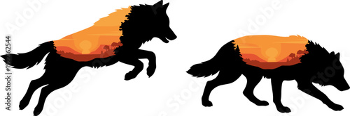 Wolf double exposure silhouettes, sunset savanna landscape inside wolf shapes, black wolf silhouette isolated illustration set design