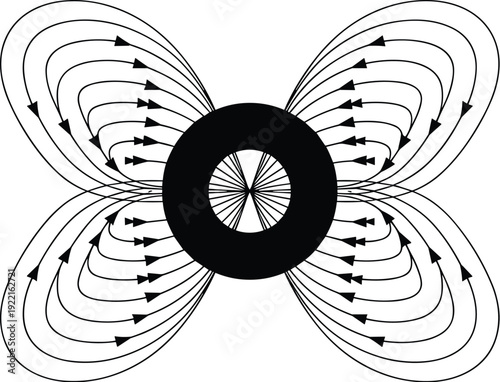 Physics Field Diagram with Directional Arrows and Central Torus on a Grey, Concept of Electromagnetic Forces, Symmetrical Energy Flow, Fluid Dynamics, and Scientific Modeling Vector Illustration