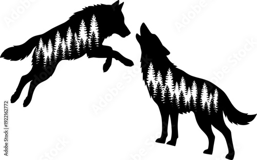 Wolf double exposure silhouettes, forest nature inside wolf shapes, black wolf silhouette isolated illustration set for designWolf double exposure silhouettes, forest