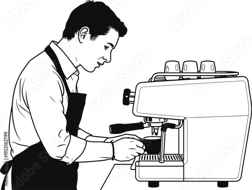 Professional Barista Operating an Espresso Machine in a Cafe, Concept of Artisanal Coffee Preparation, Professional Hospitality, Coffee Culture, and Meticulous Craftsmanship Line Art Illustration