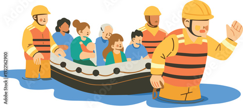 Rescue Workers Evacuating a Diverse Group of People in a Boat During a Flood, Concept of Humanitarian Disaster Relief, Response Heroism, Crisis Management, and Community Safety Vector Illustration