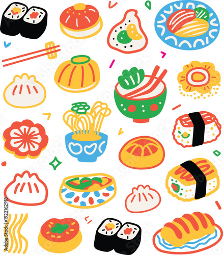 Colorful Hand-Drawn Asian Food Collection