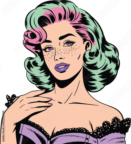 Retro Pop-Art Portrait of a Glamorous Woman with Teal and Pink Hair, Concept of Feminine Confidence, Vintage Beauty, Alternative Fashion, and Bold Character Illustration