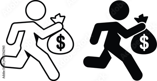 Running Stick Figures Carrying Money Bags on a White Background, Concept of Financial Theft, Embezzlement Risk, Capital Flight, and Monetary Security Breach Vector Illustration