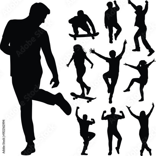 Skateboarder silhouette collection, dancing jumping people poses, urban youth lifestyle action, street sport figures, isolated clipart, flat vector illustration