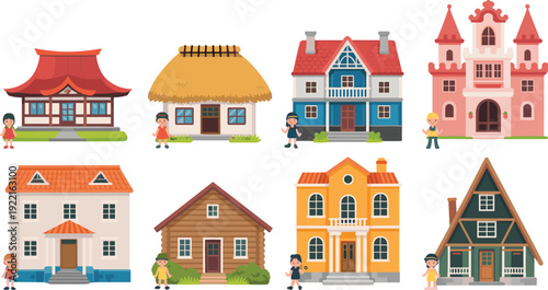 Set of Eight Traditional Houses from Around the World with Child Characters , Concept of Global Cultural Heritage, Traditional Architecture, World Travel, and Educational Geography Vector Illustration